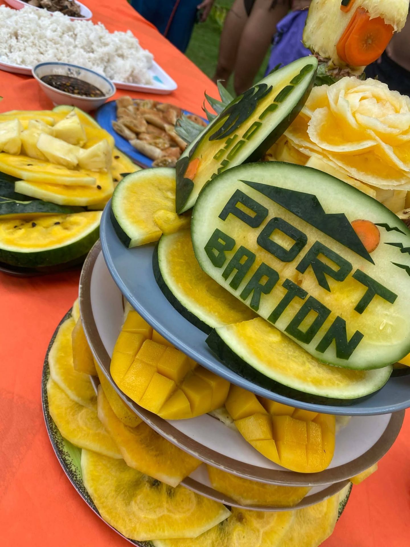 Fresh tropical fruit platter with Port Barton carving