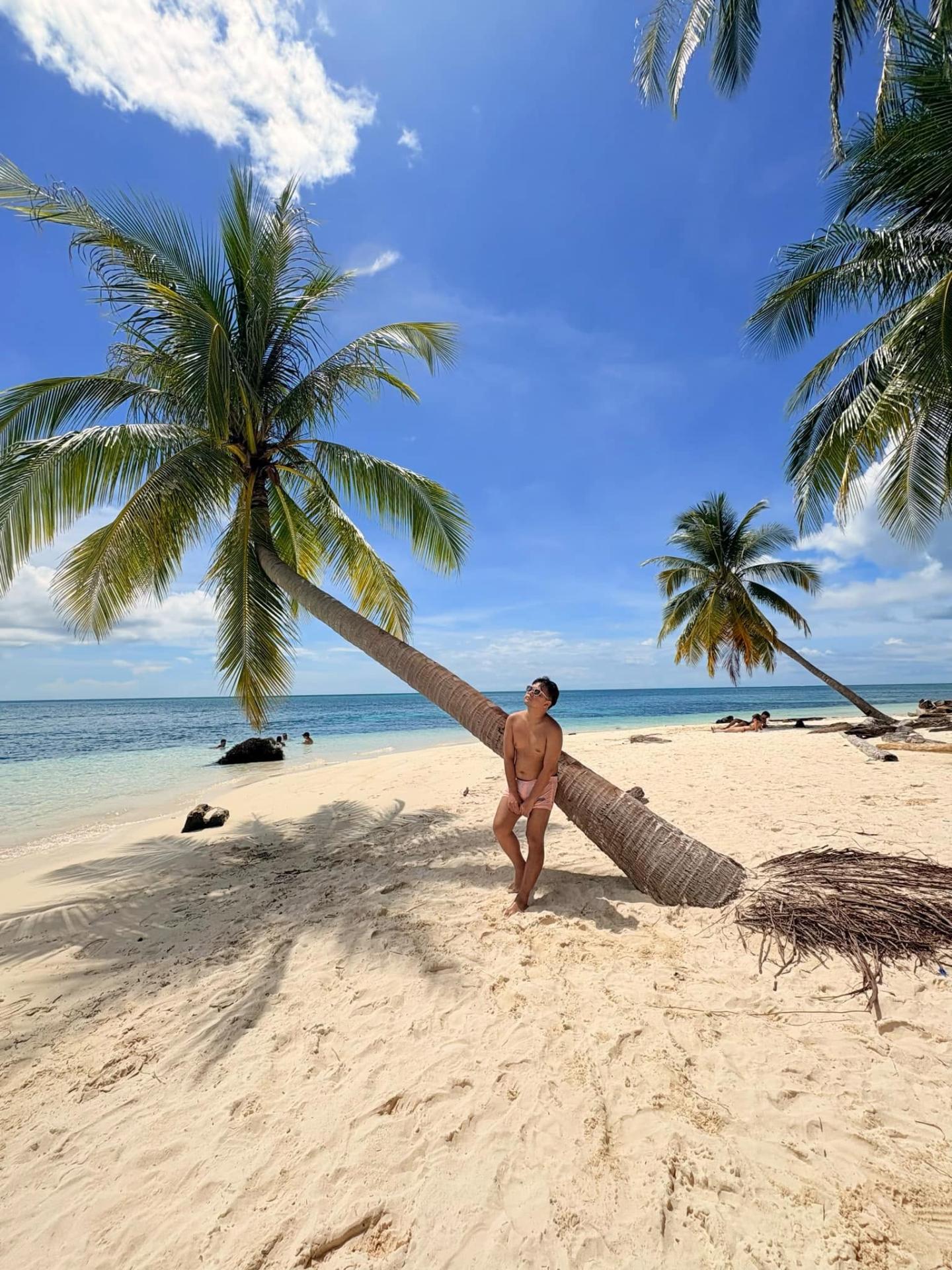 Leaning palms on white sand